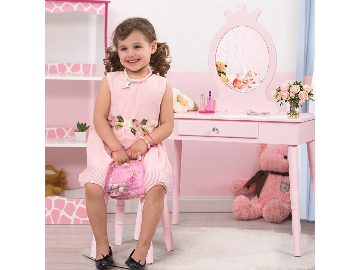 Coiffeuse enfant 2 en 1 avec tabouret miroir amovible rose – modèle princesse
