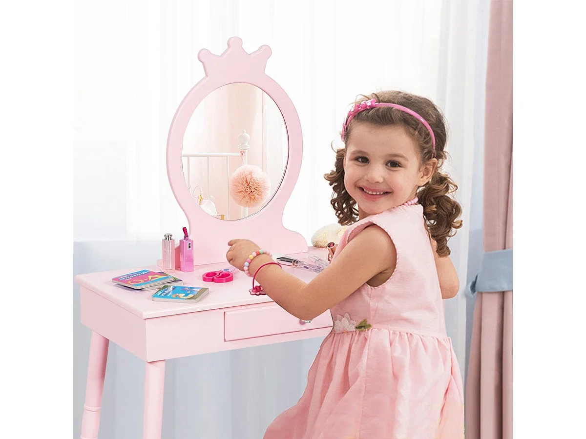 Coiffeuse enfant 2 en 1 avec tabouret miroir amovible rose – modèle princesse
