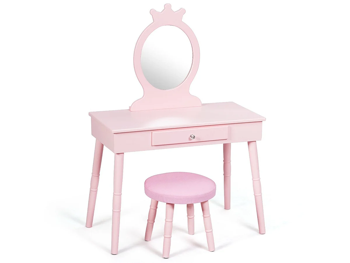 Coiffeuse enfant 2 en 1 avec tabouret miroir amovible rose – modèle princesse