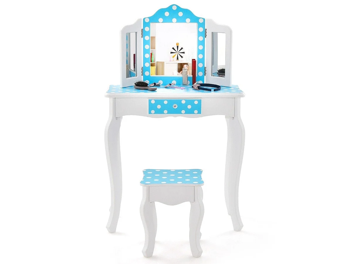 Coiffeuse enfant 2 en 1 avec miroir triple et tabouret – modèle dot
