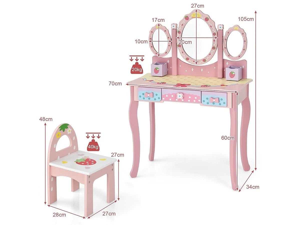 Coiffeuse enfant avec miroir - 70 x 34 x 105 cm rose - modèle pliable 2 en 1