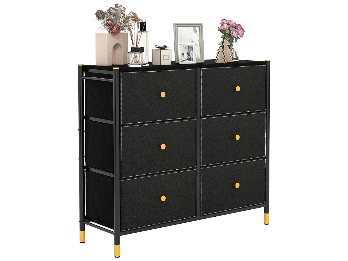 Commode haute 6 tiroirs tissu et métal 89 x 30 x 76,5 cm noir