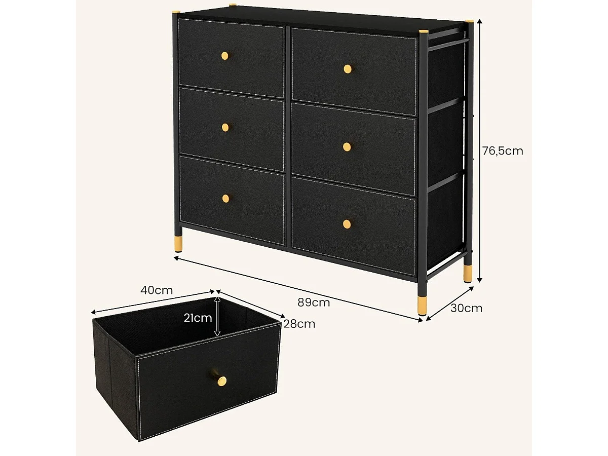 Commode haute 6 tiroirs tissu et métal 89 x 30 x 76,5 cm noir