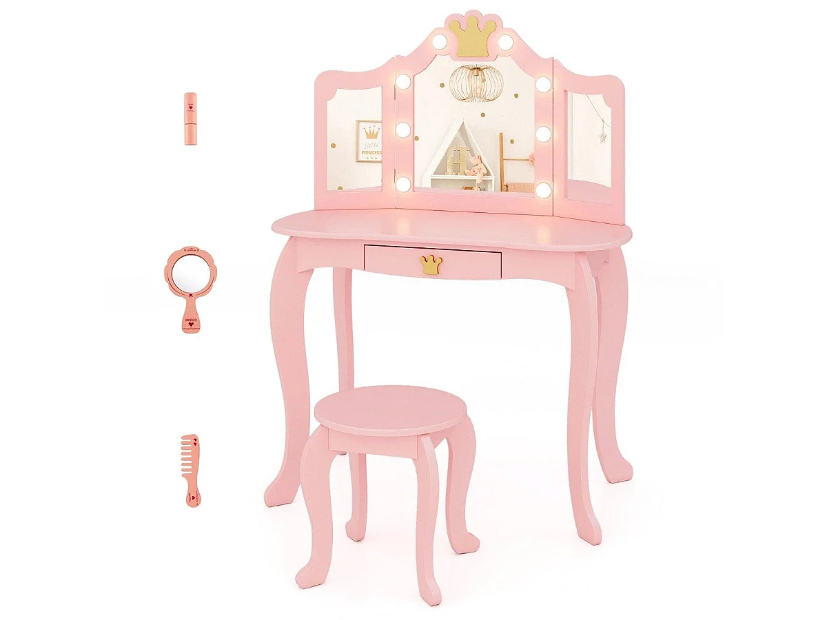 Coiffeuse enfant avec miroir triple rabattable et éclairage rose - princesse