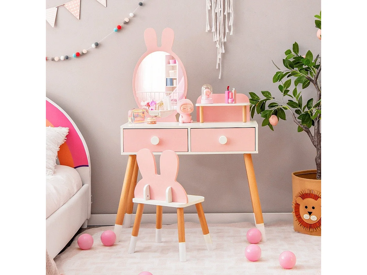 Coiffeuse enfant 2 en 1 avec miroir et tiroirs rose – modèle lapin