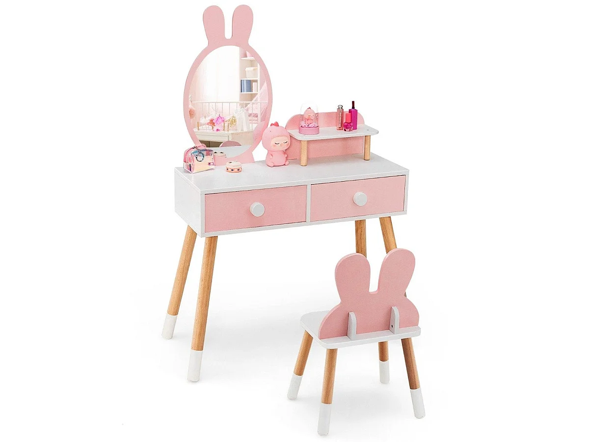 Coiffeuse enfant 2 en 1 avec miroir et tiroirs rose – modèle lapin