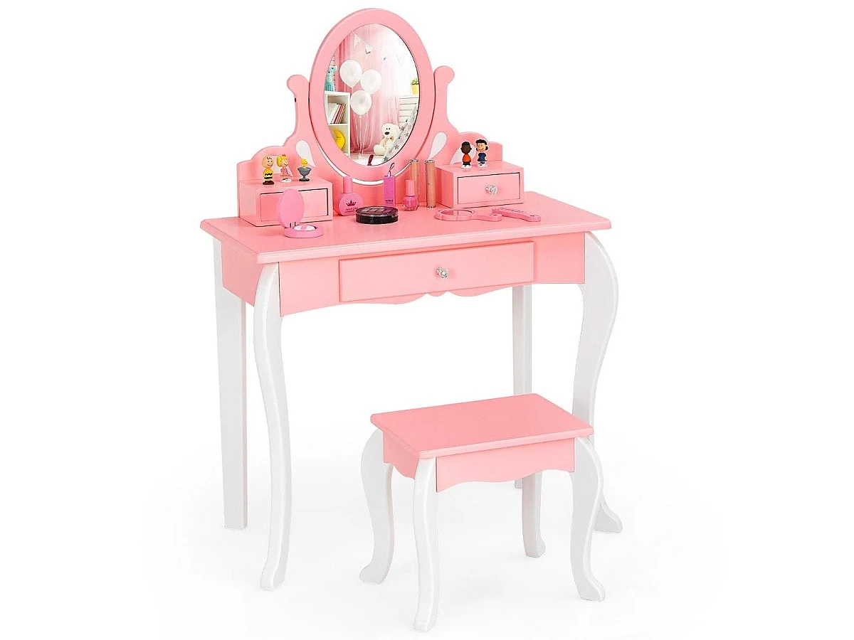 Coiffeuse enfant avec tabouret et 3 tiroirs miroir rose – modèle princesse