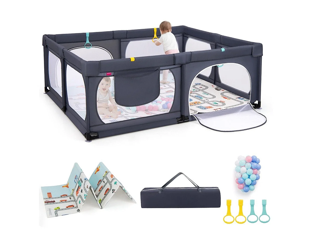 Parc bébé avec matelas, 50 balles de jeu, 4 anneaux de traction et 4 portes zippées gris foncé