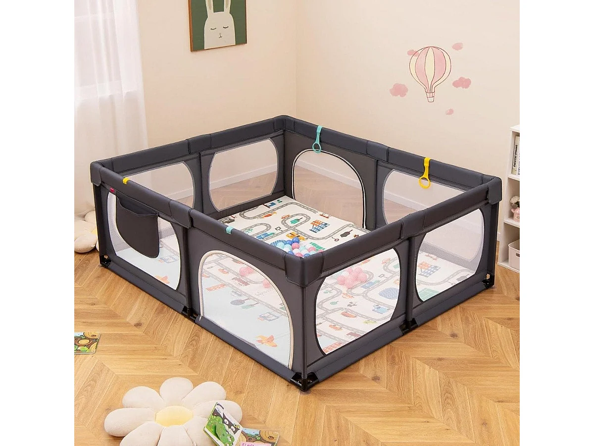 Parc bébé avec matelas, 50 balles de jeu, 4 anneaux de traction et 4 portes zippées gris foncé