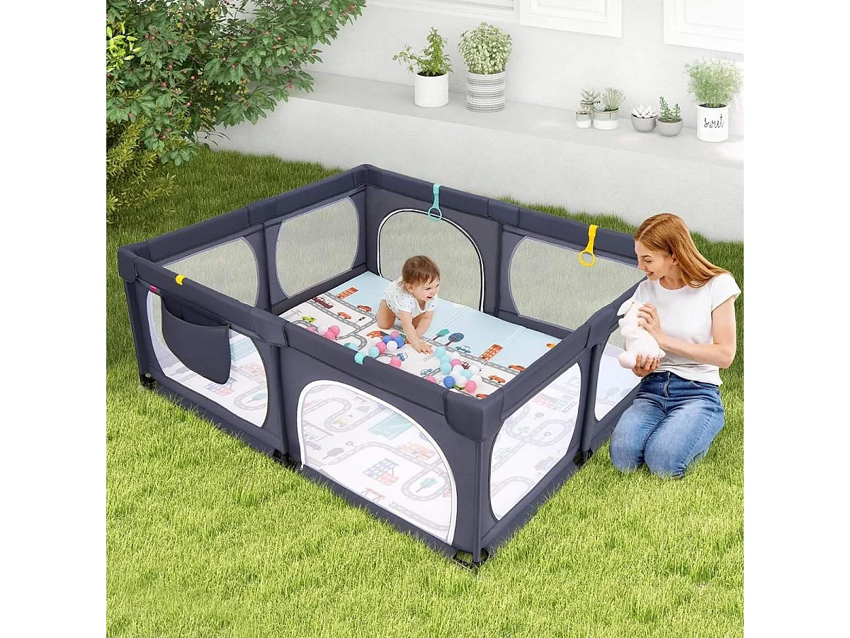 Parc bébé avec matelas, 50 balles de jeu, 4 anneaux de traction et 4 portes zippées gris foncé