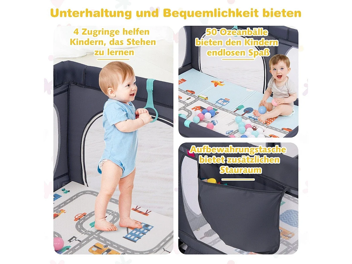 Parc bébé avec matelas, 50 balles de jeu, 4 anneaux de traction et 4 portes zippées gris foncé