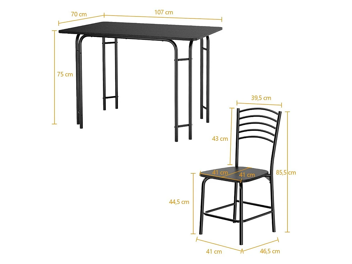Ensemble table à manger rectangulaire 107 cm 4 places noir - 5 pièces gain de place