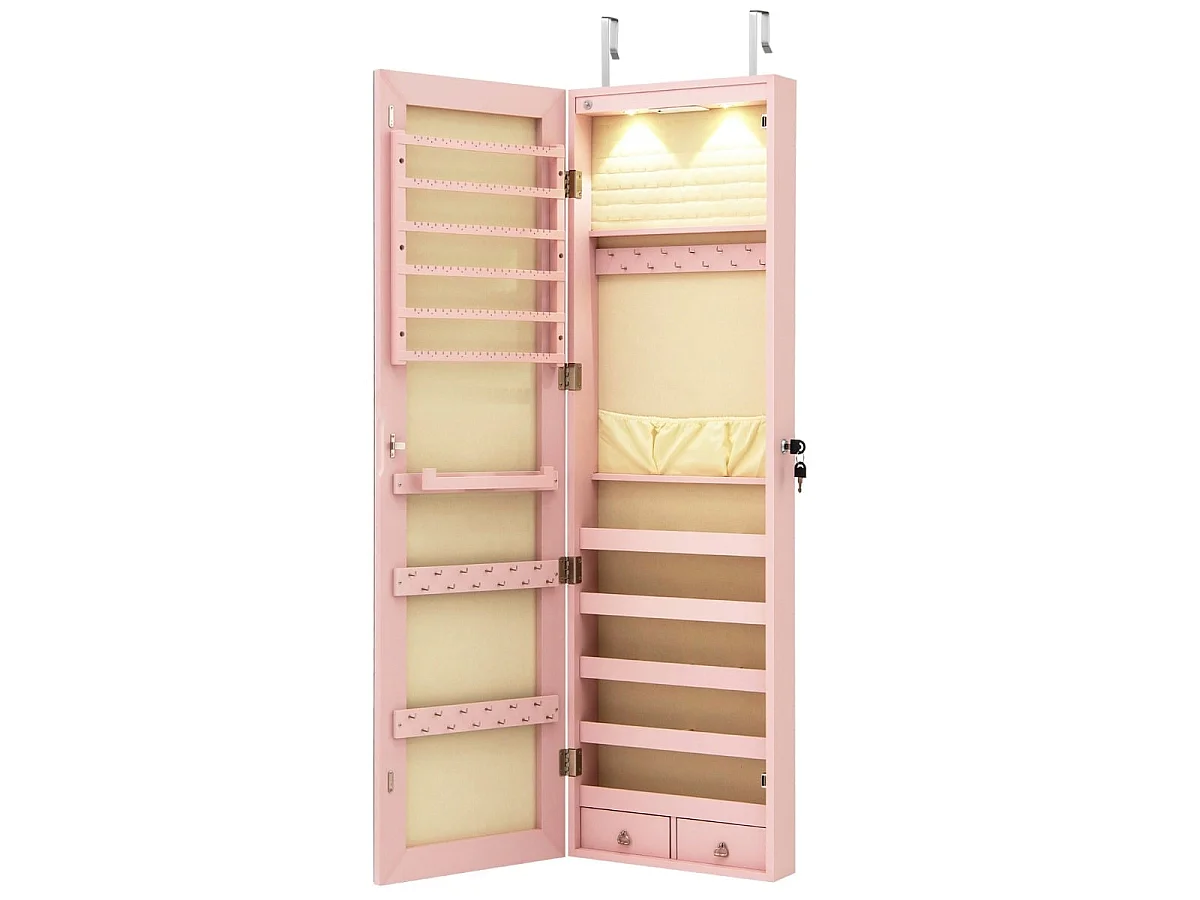 Armoire à bijoux avec miroir LED verrouillable rose - modèle mural