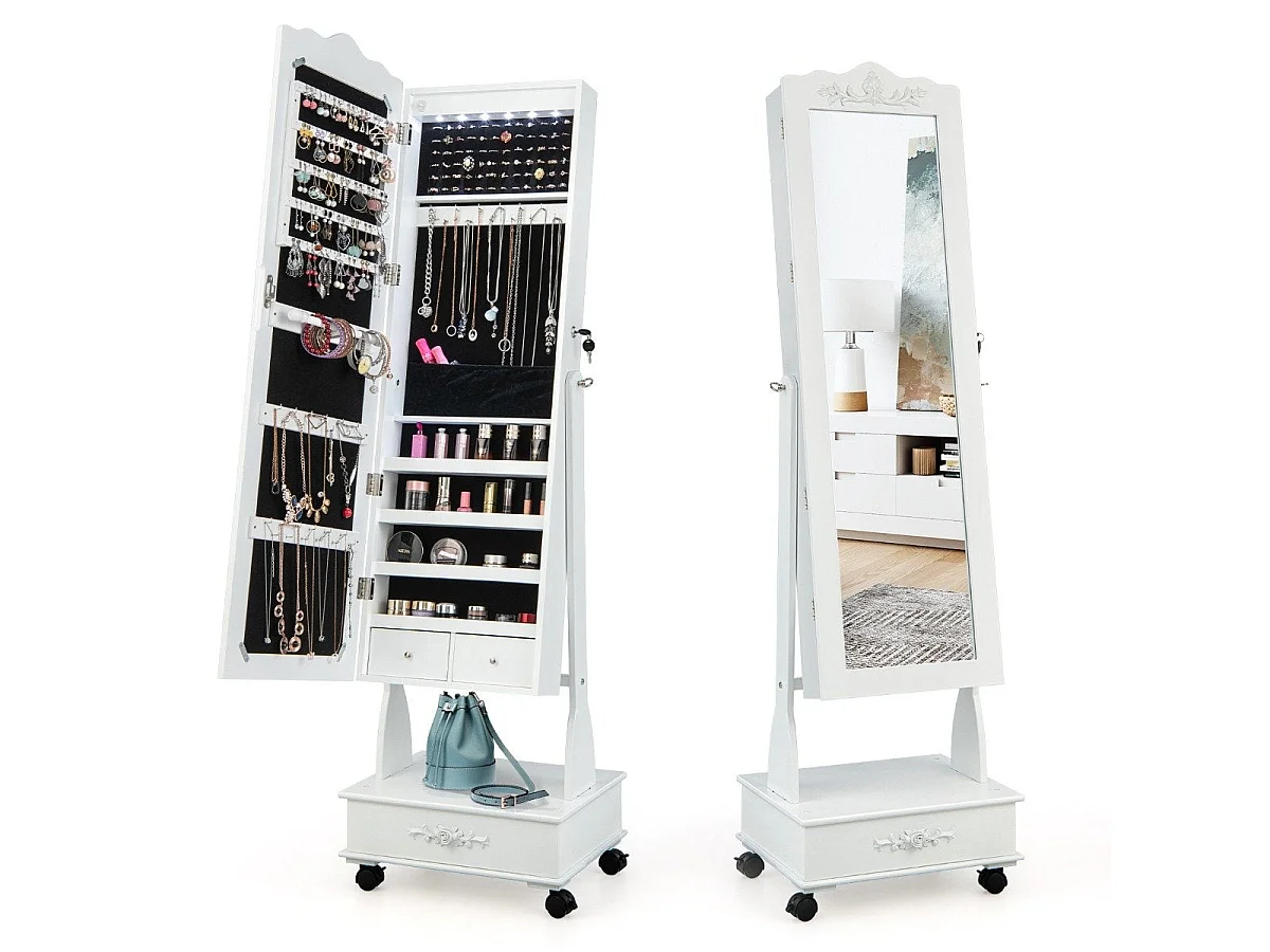 Armoire à bijoux sur pied avec miroir LED 157 cm blanc - modèle avec tiroirs