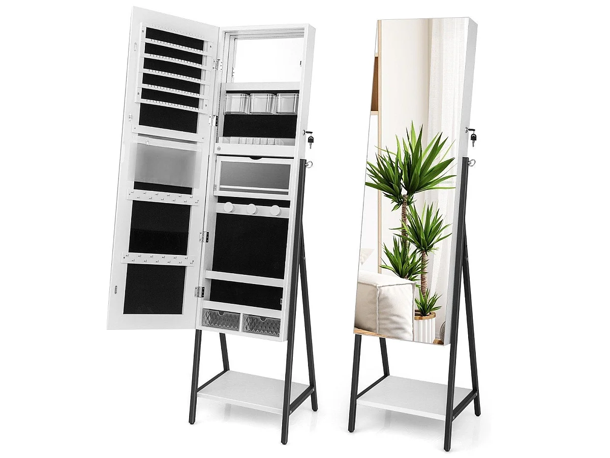 Sieradenkast met 3-kleuren LED-spiegel 157 cm wit - vrijstaand model