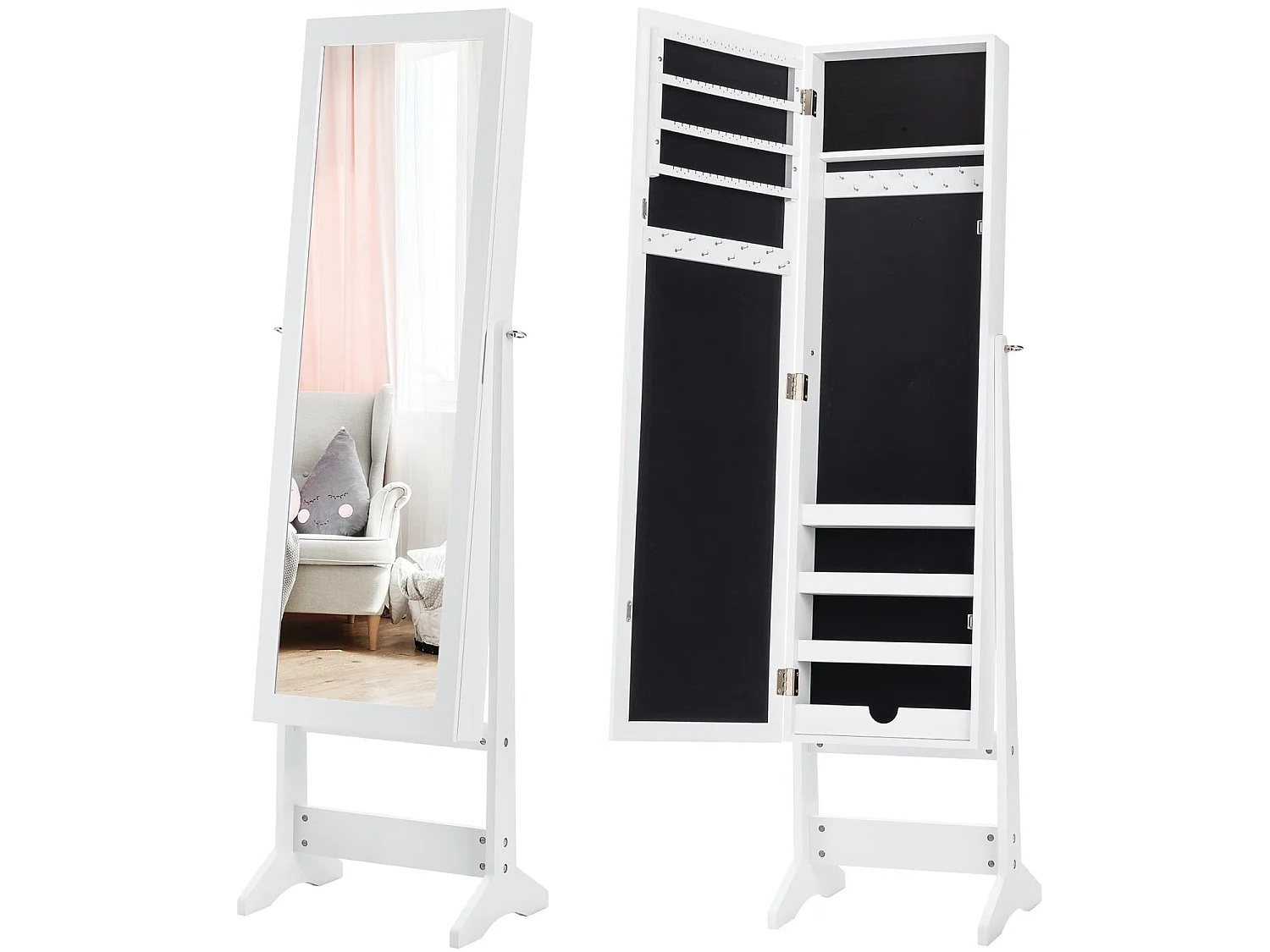 Armoire à bijoux avec miroir pleine longueur inclinable blanc - modèle autoportant