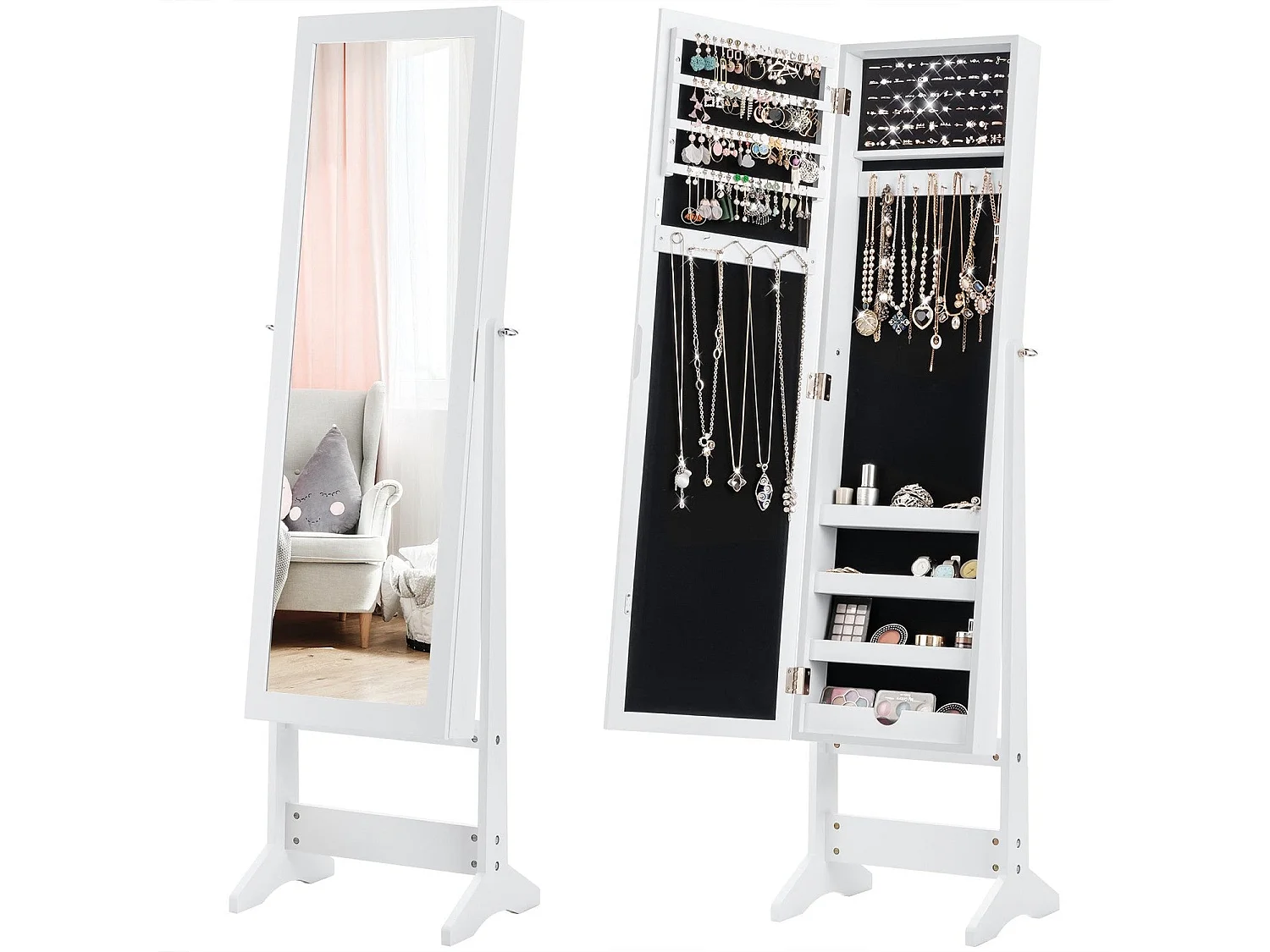 Armoire à bijoux avec miroir pleine longueur inclinable blanc - modèle autoportant