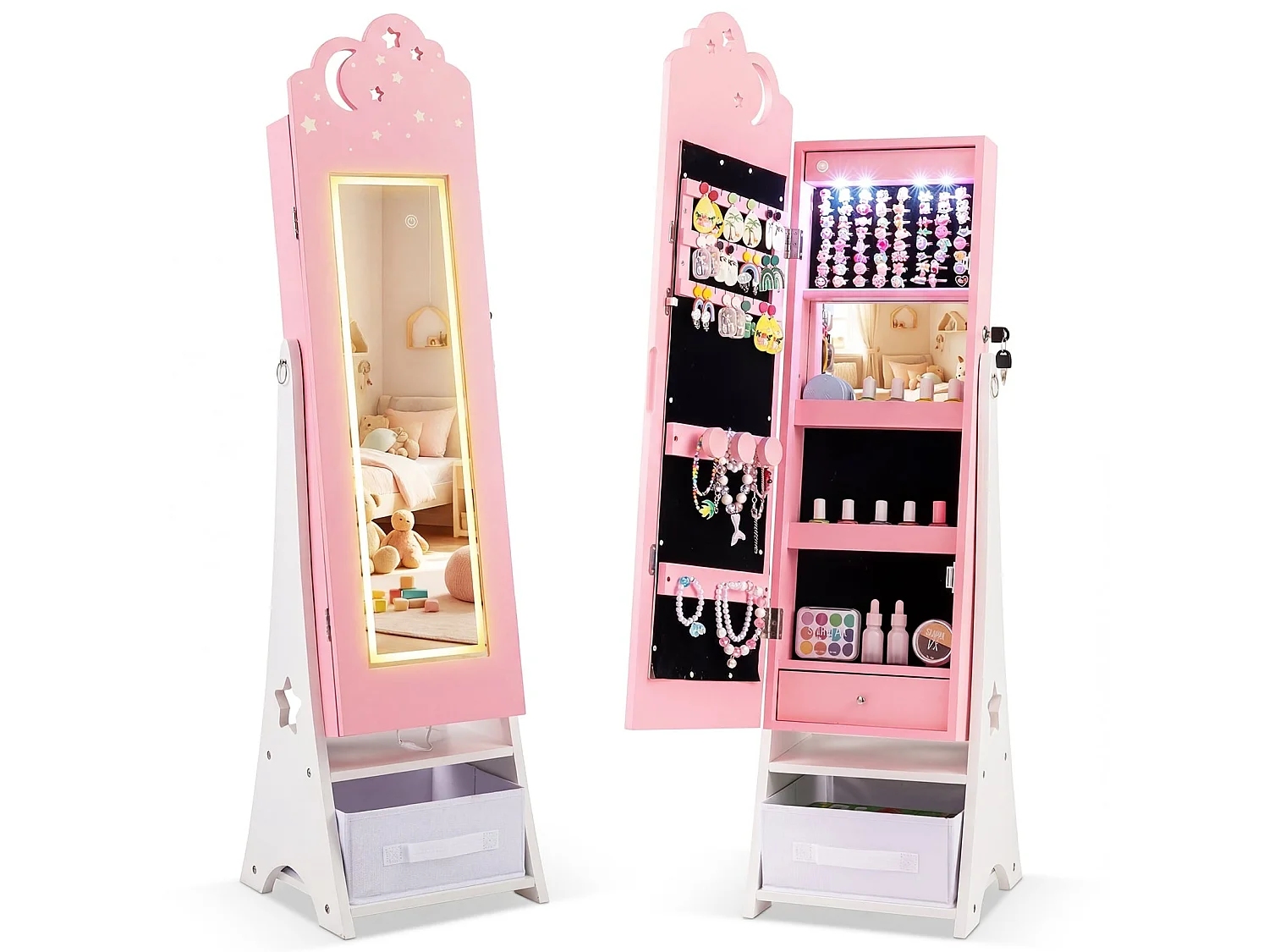 Armoire à bijoux enfant avec miroir LED 117 cm rose - modèle sécurisé