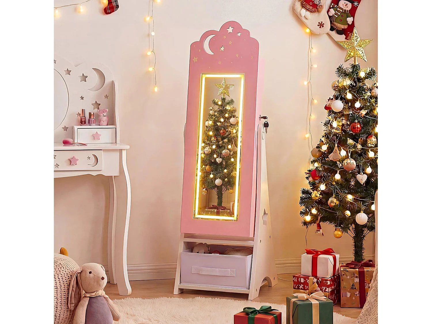 Armoire à bijoux enfant avec miroir LED 117 cm rose - modèle sécurisé