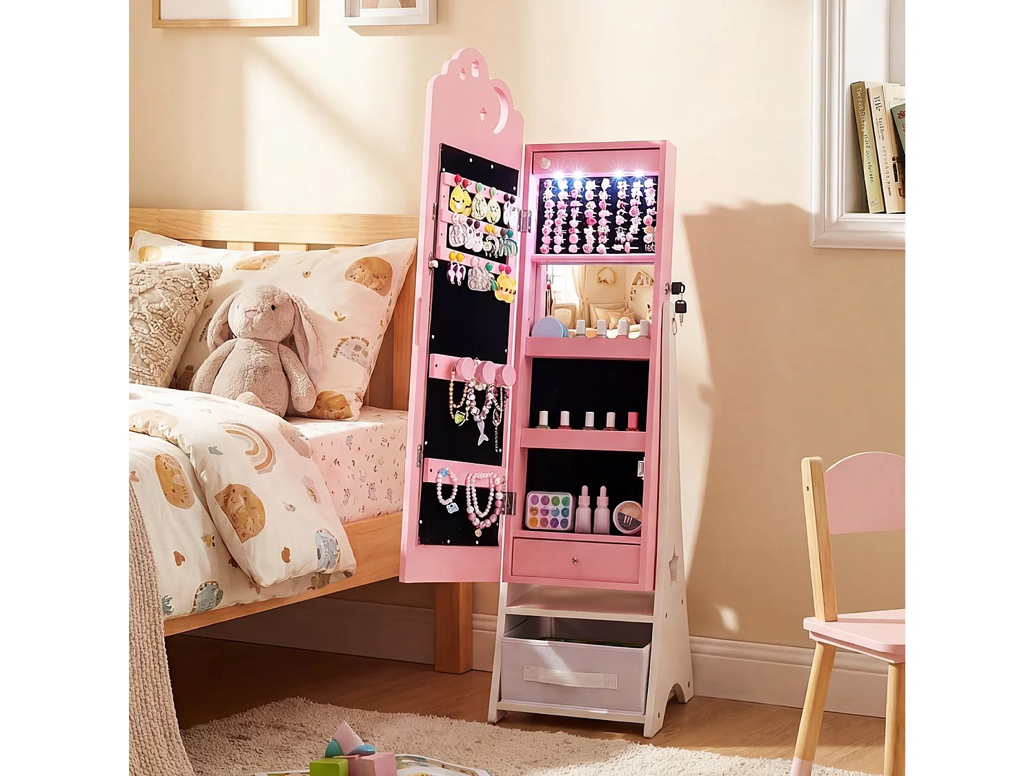 Armoire à bijoux enfant avec miroir LED 117 cm rose - modèle sécurisé
