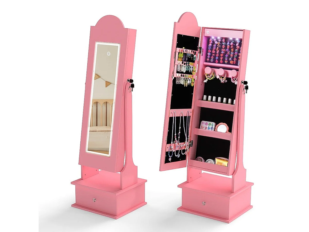 Armoire à bijoux enfant avec miroir LED rose - modèle sur pied