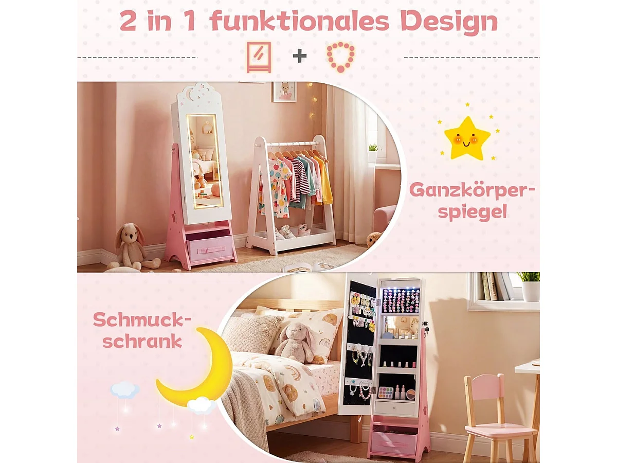 LED kinderjuwelenkast met witte spiegel - vrijstaand model