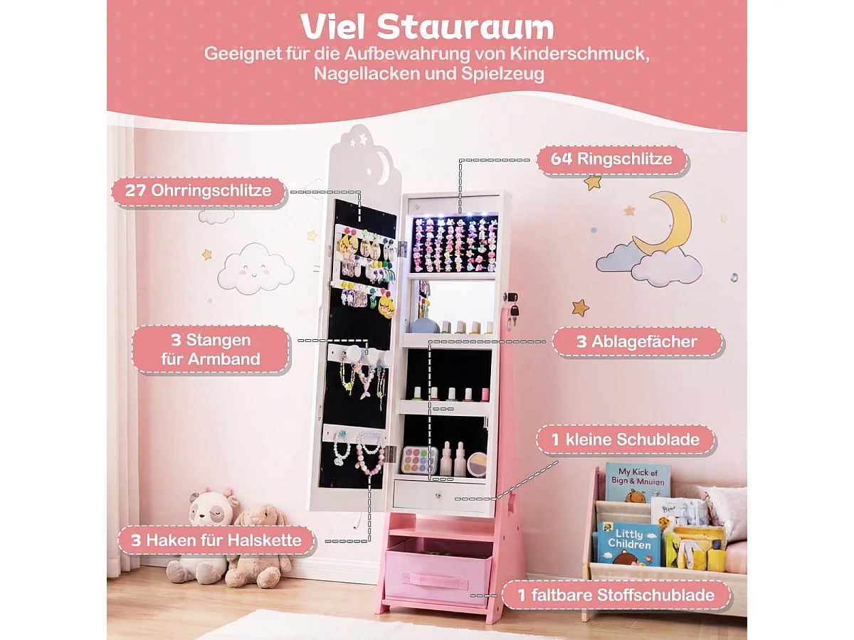 LED kinderjuwelenkast met witte spiegel - vrijstaand model