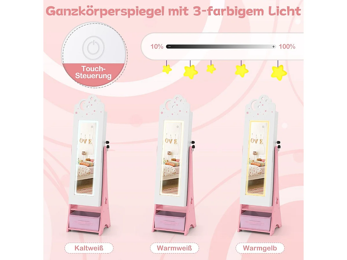LED kinderjuwelenkast met witte spiegel - vrijstaand model