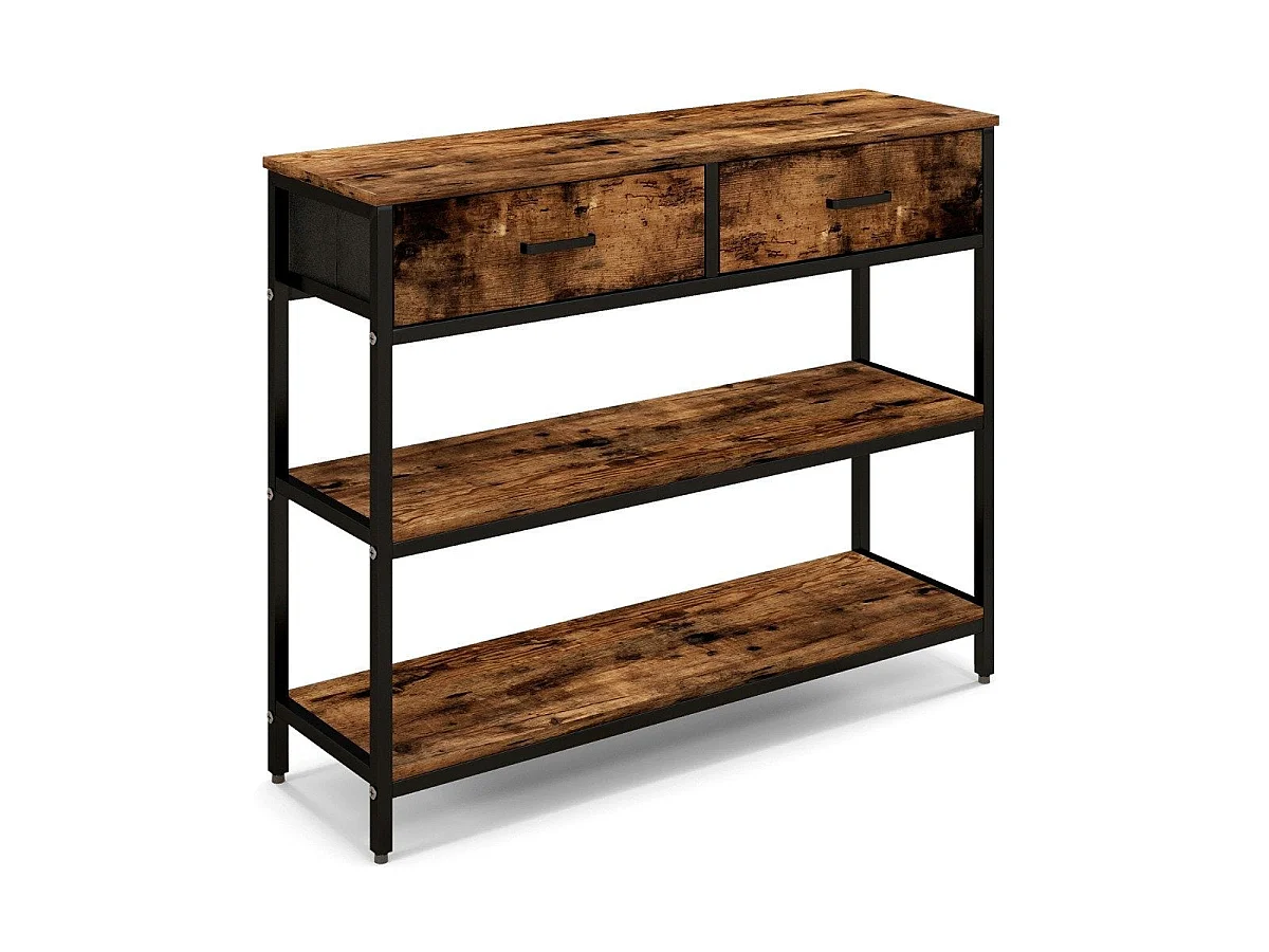 Table console 100 cm avec 2 tiroirs et 3 niveaux bois et métal marron rustique