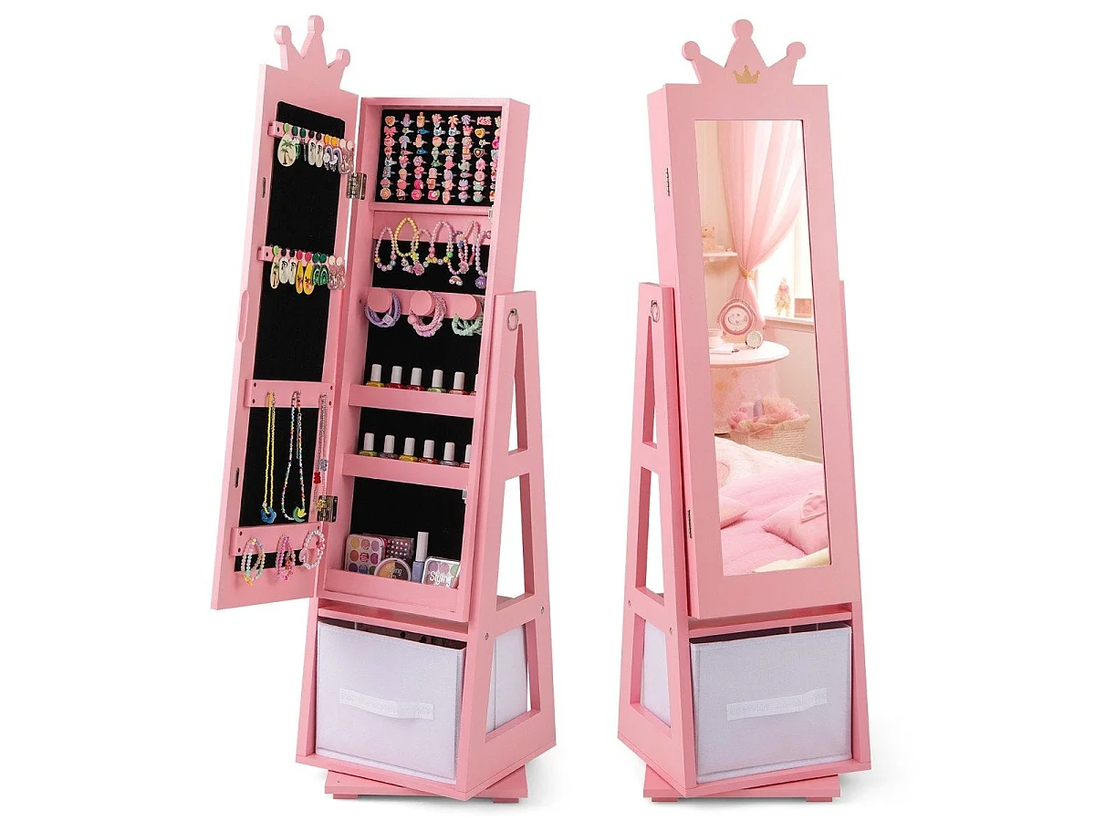 Armoire à bijoux enfant avec miroir 117 cm rose - modèle rotatif