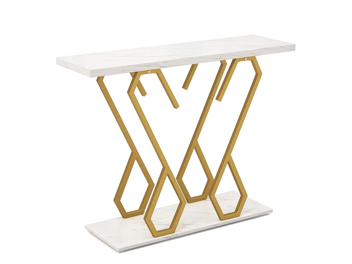 Table console en faux marbre, table de foyer avec repose-pieds réglables blancs et dorés