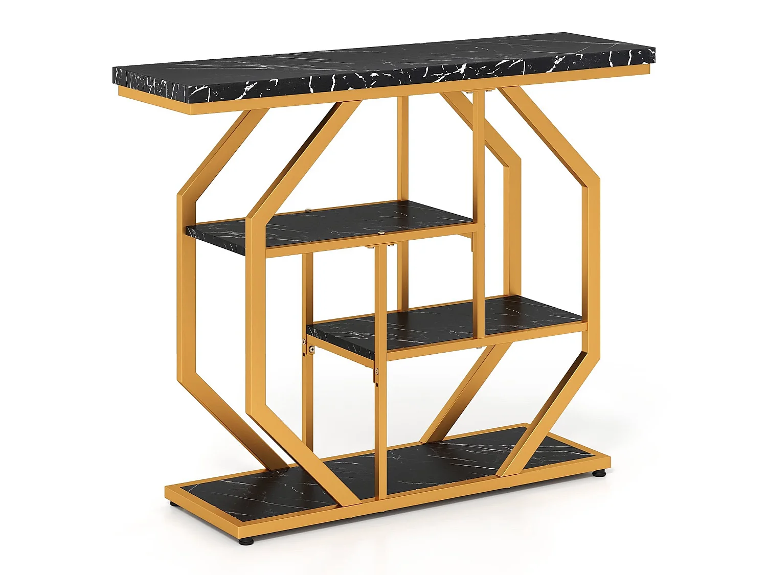 Table console 100 cm 4 niveaux faux marbre avec structure métal noir et or