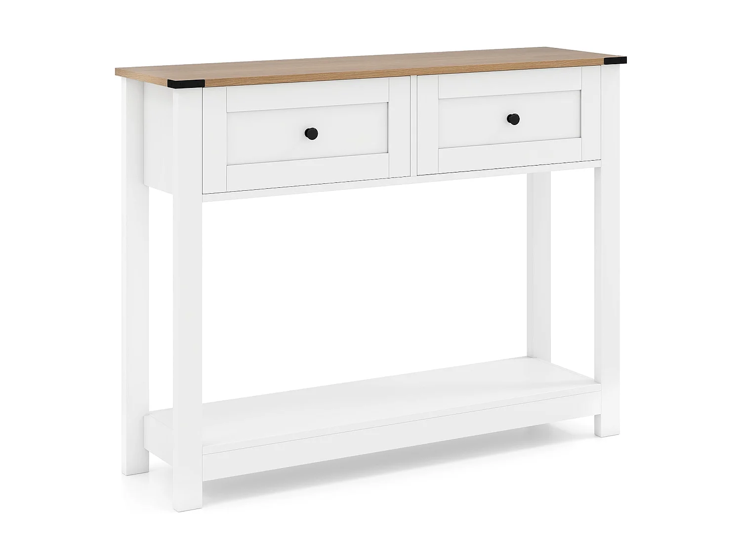 Table console 106 cm avec 2 tiroirs et étagère bois blanc