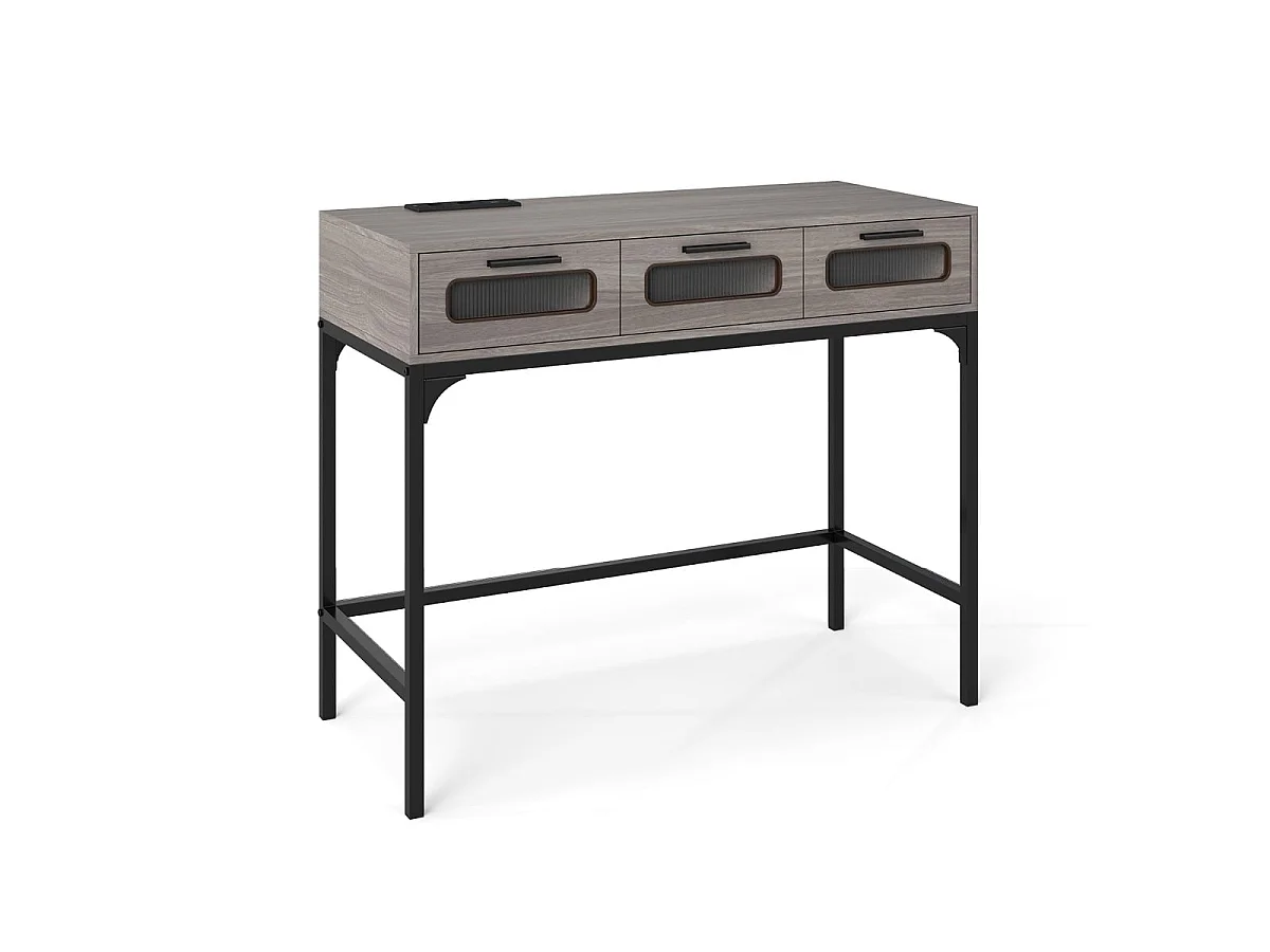 Table console avec LED station recharge et 3 tiroirs bois et métal gris et noir