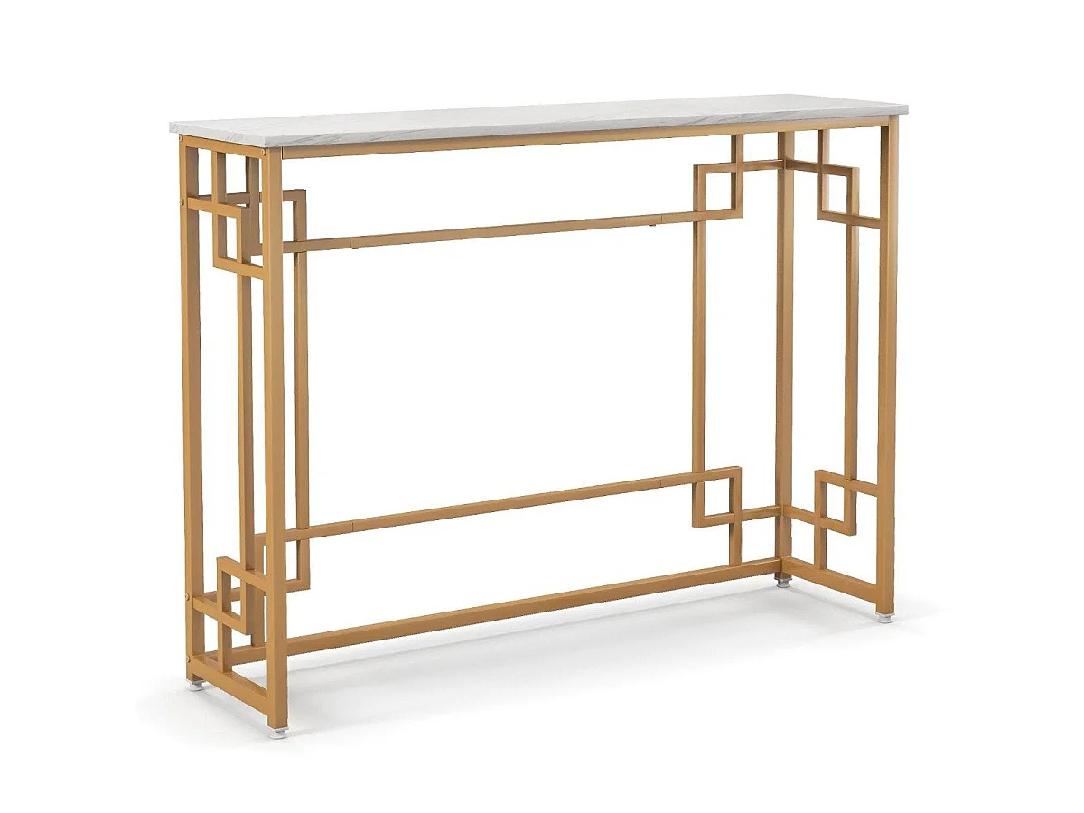 Table console étroite avec structure géométrique marbre et métal doré