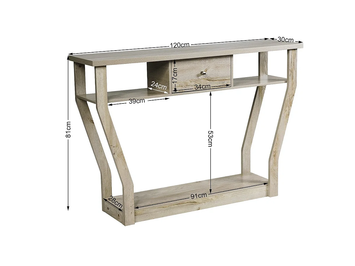 Console avec tiroir et étagère, 120 x 30 x 81 cm, gris