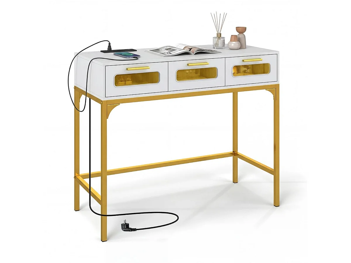 Table console 90 cm avec LED et station recharge 3 tiroirs bois et métal blanc et or
