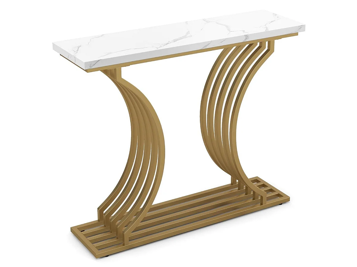 Table console 100 cm faux marbre avec pieds métal blanc et or
