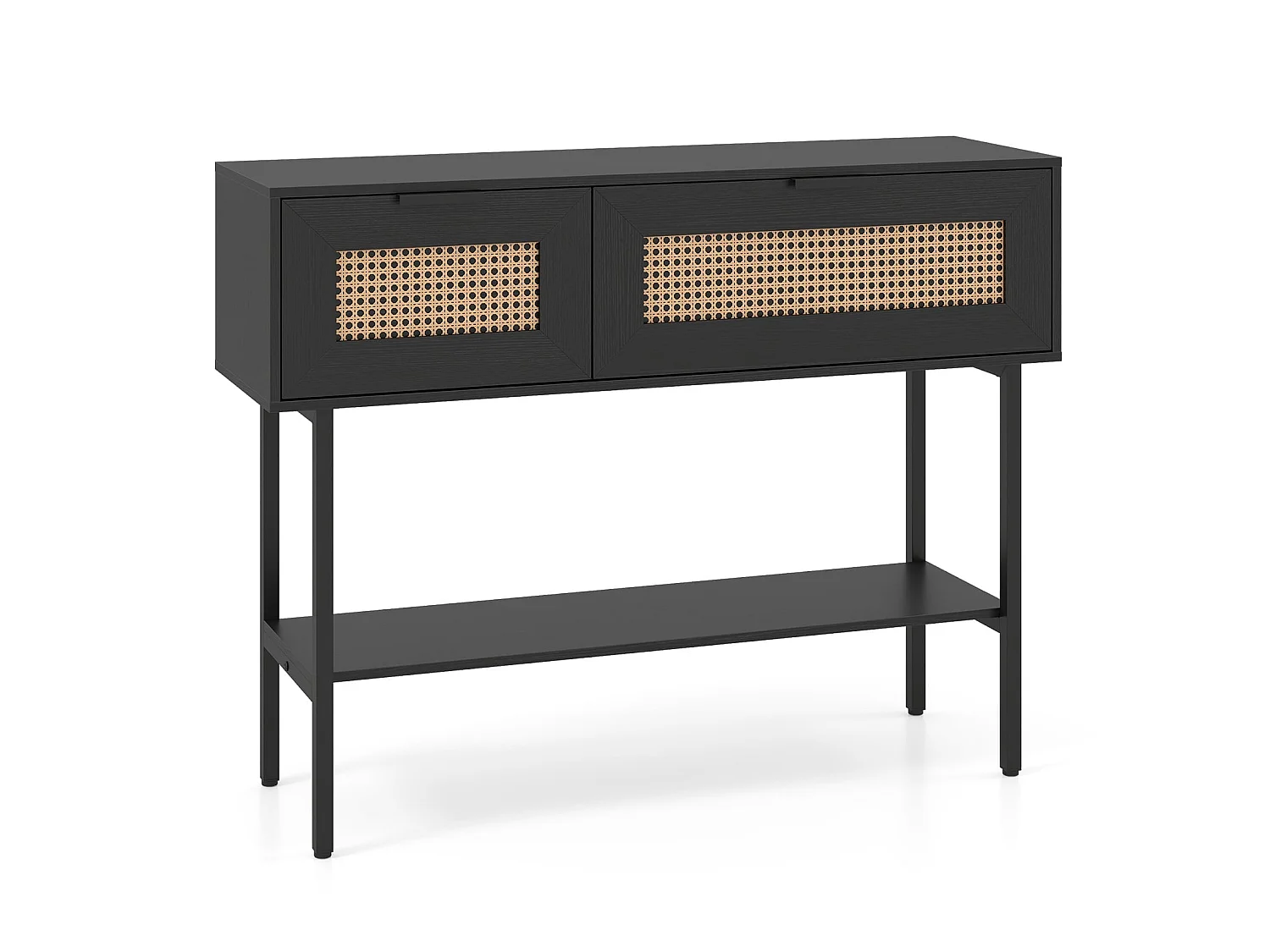 Table console étroite 100 cm avec 2 étagères bois et rotin noir et naturel