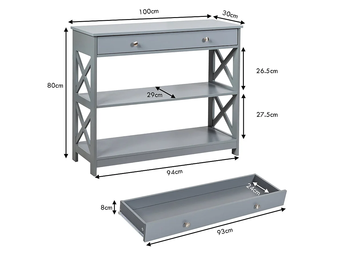 Table console 100 cm avec tiroir et 3 niveaux bois gris