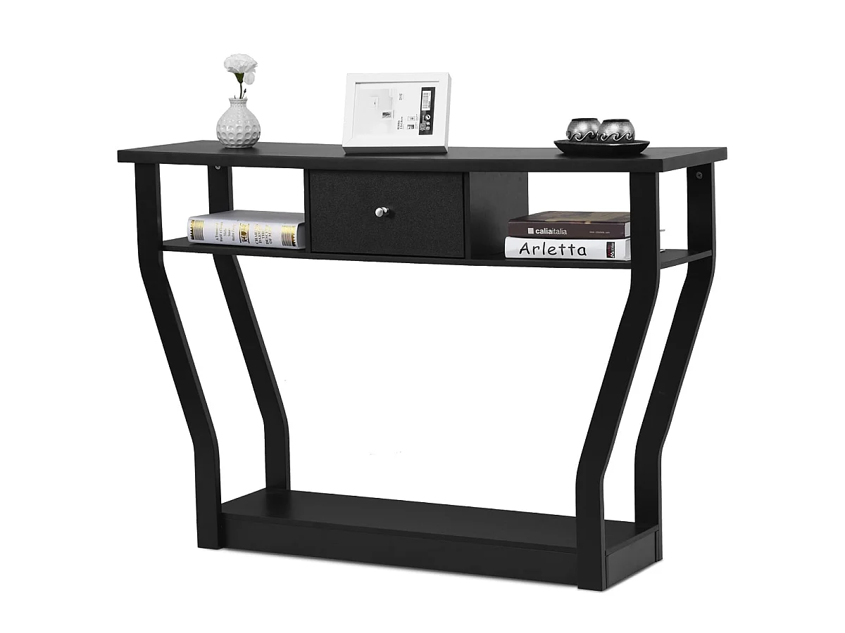Table console 120 cm avec tiroir et étagères bois noir