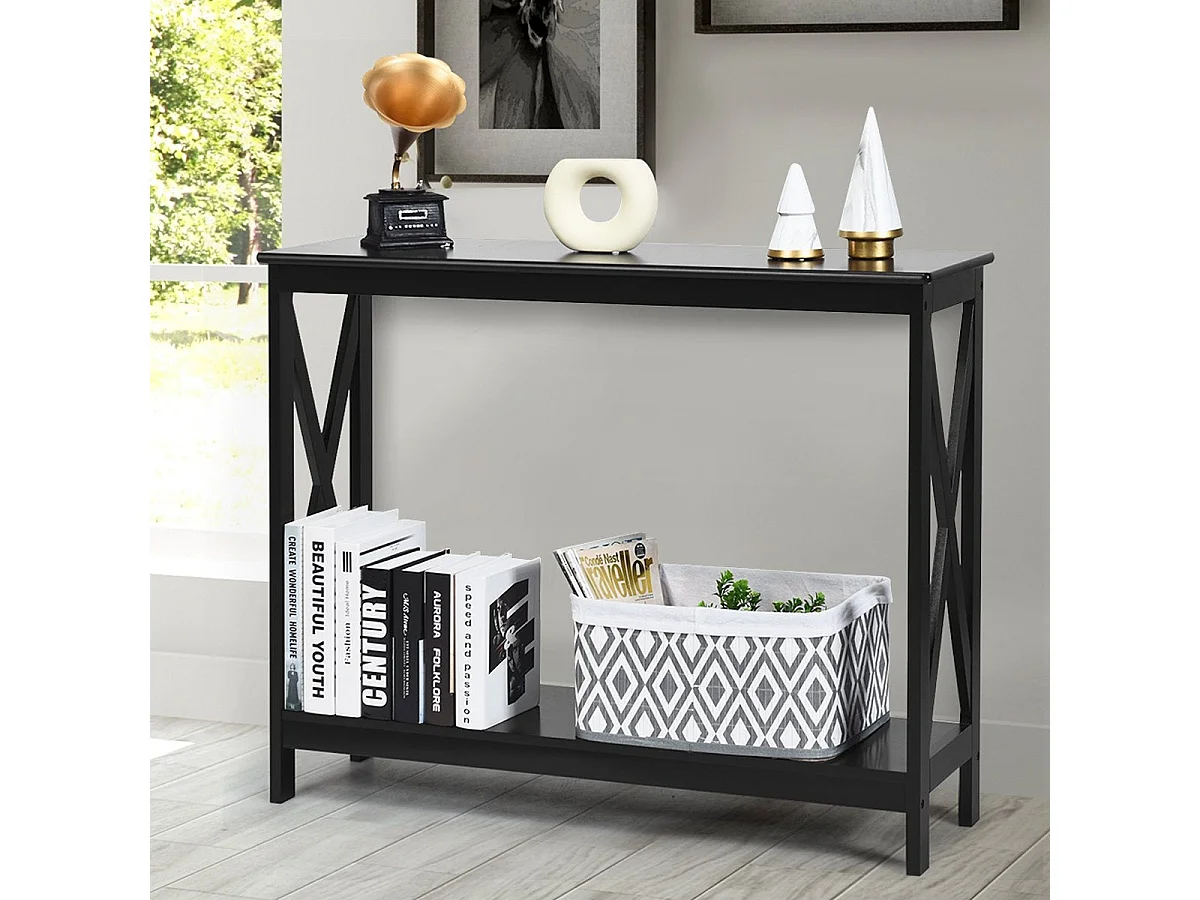 Table console 100 cm avec 2 étagères structure en X bois noir