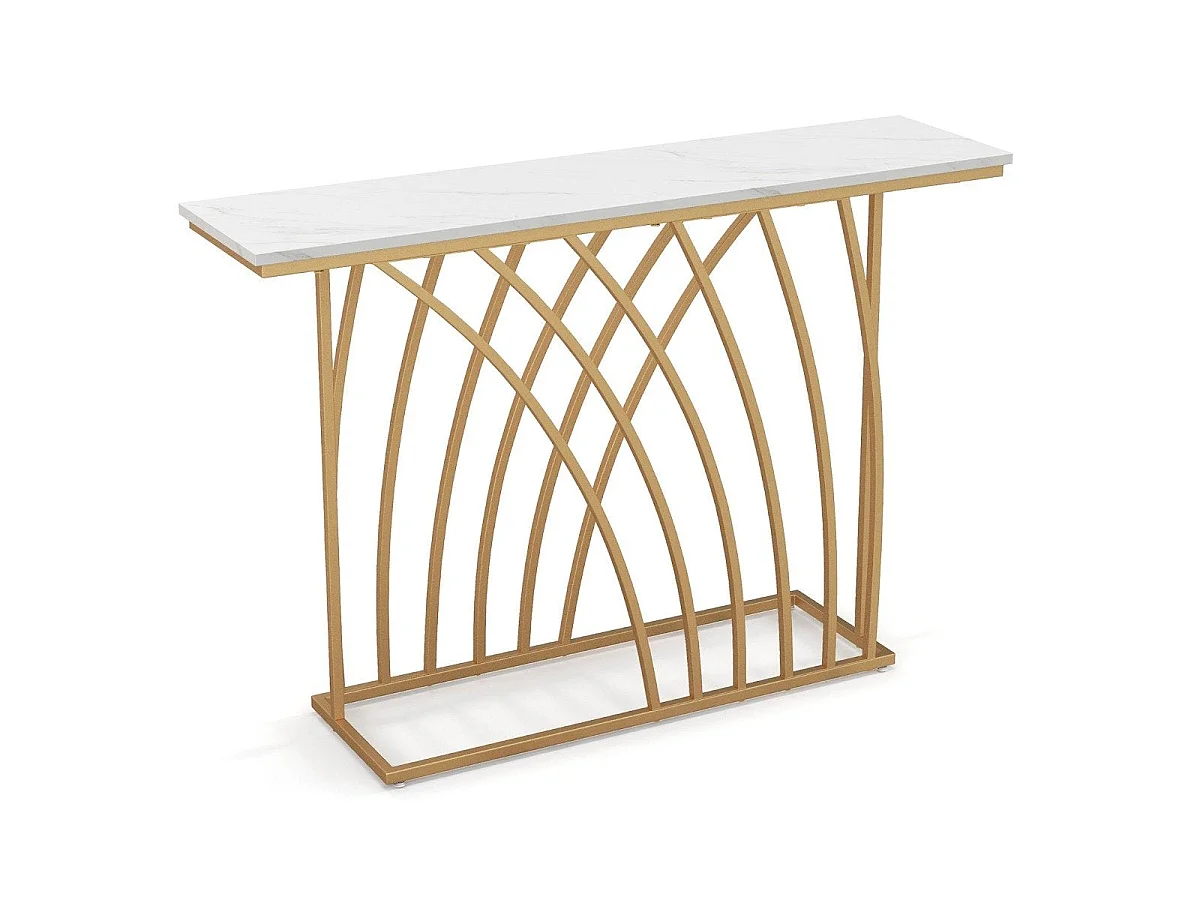 Table console étroite 120 cm faux marbre avec cadre métal blanc et or
