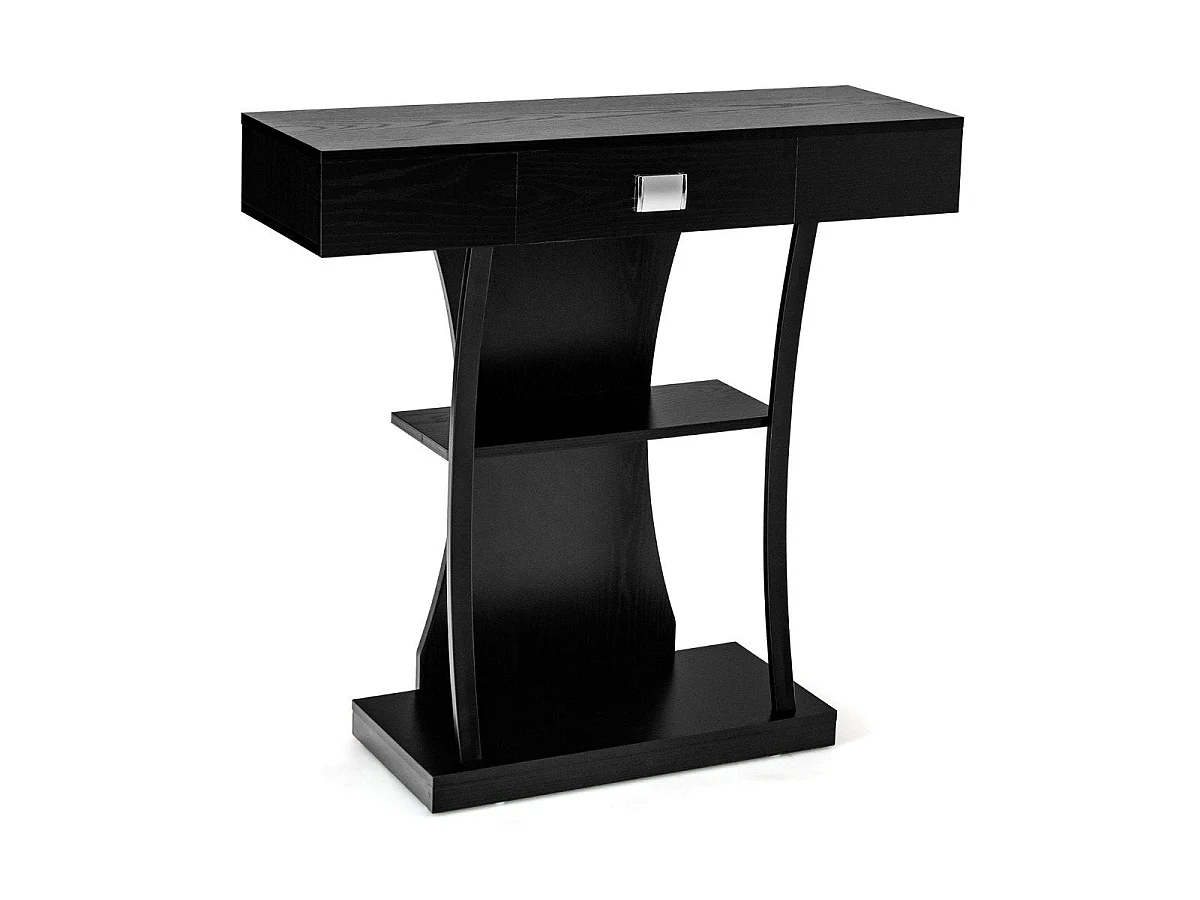 Table console avec tiroir et 2 étagères bois et métal noir
