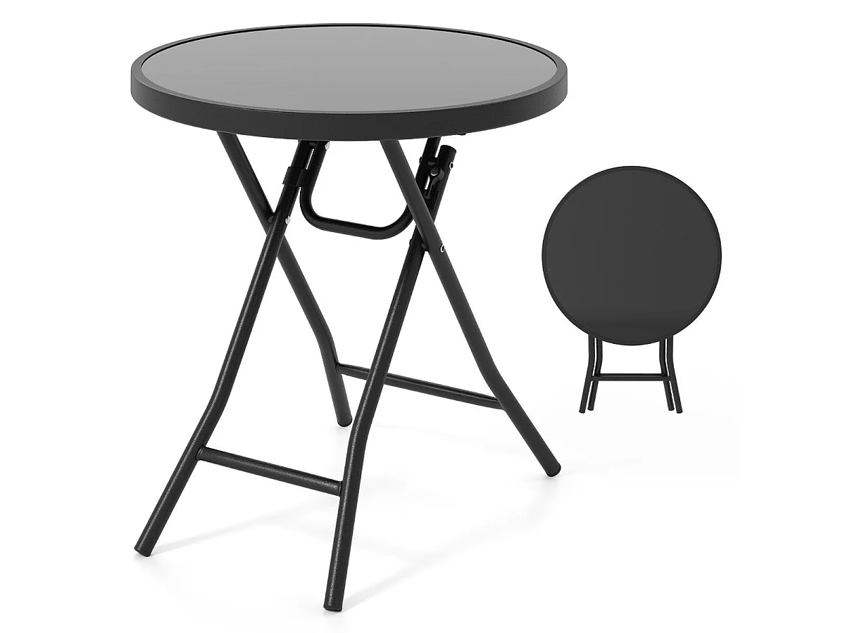 Table basse ronde pliante verre trempé métal gris 46 cm - modèle patio