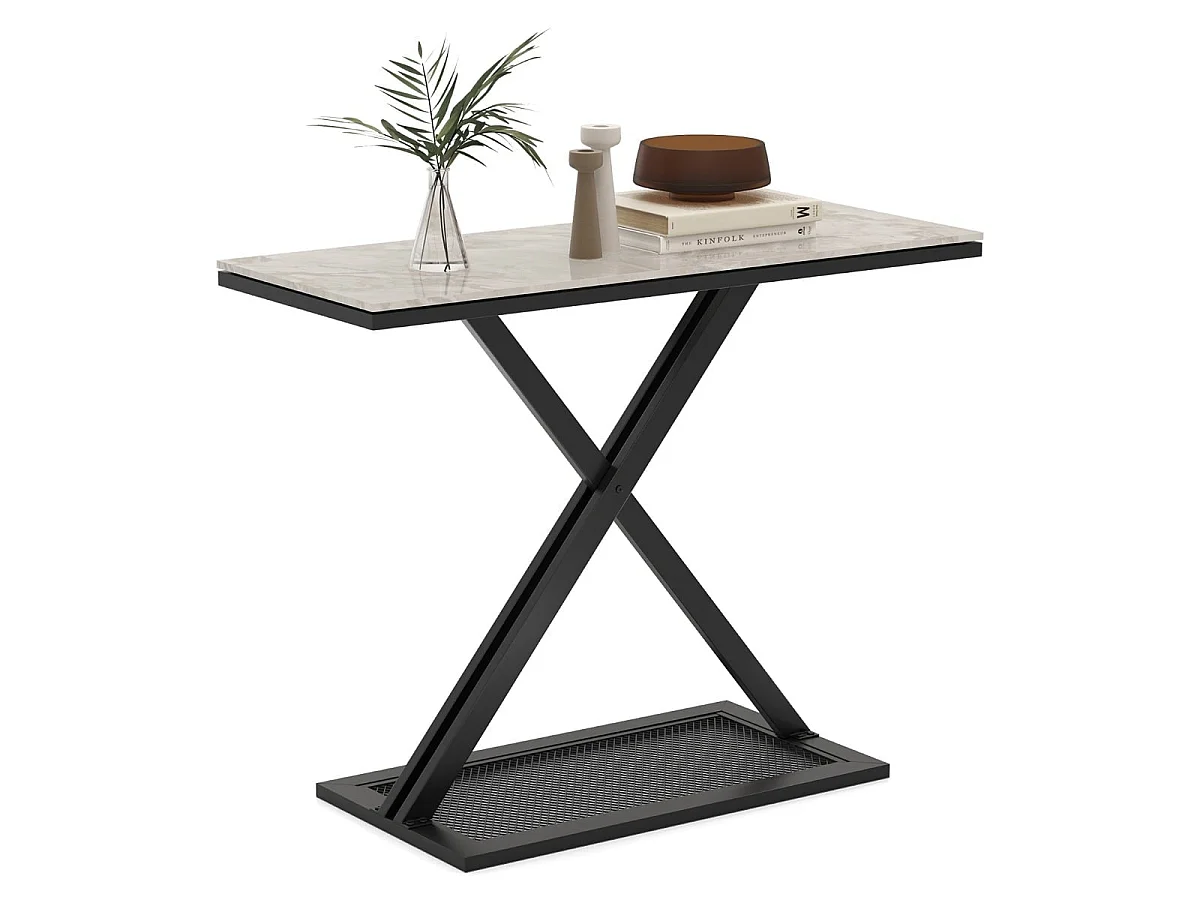 Table console 100 cm faux marbre avec structure métal blanc et noir