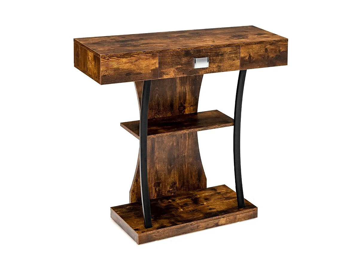 Table console 91 cm avec tiroir et 2 étagères bois et métal marron rustique