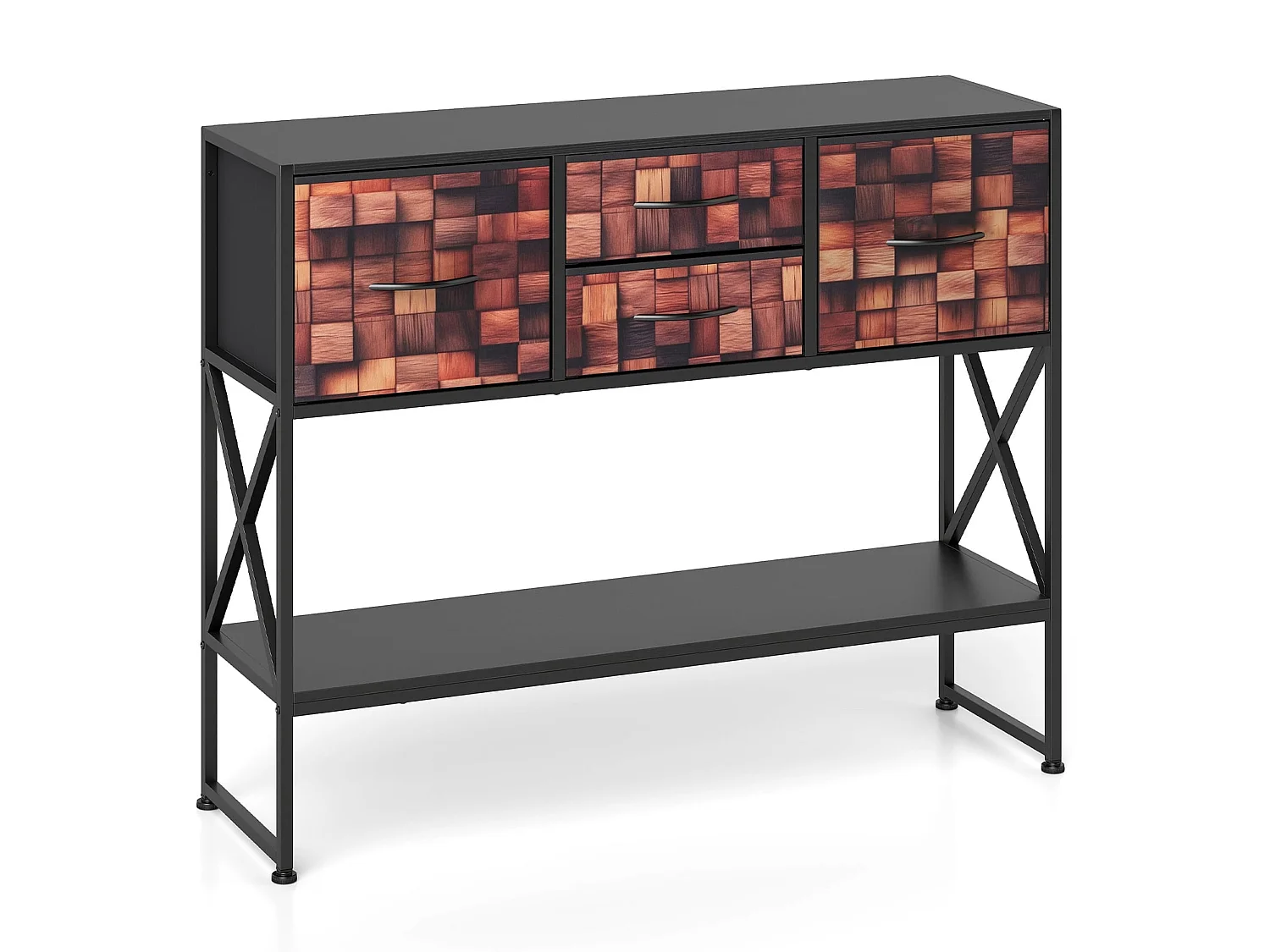 Table console avec 4 tiroirs tissu et étagère bois et métal café et noir
