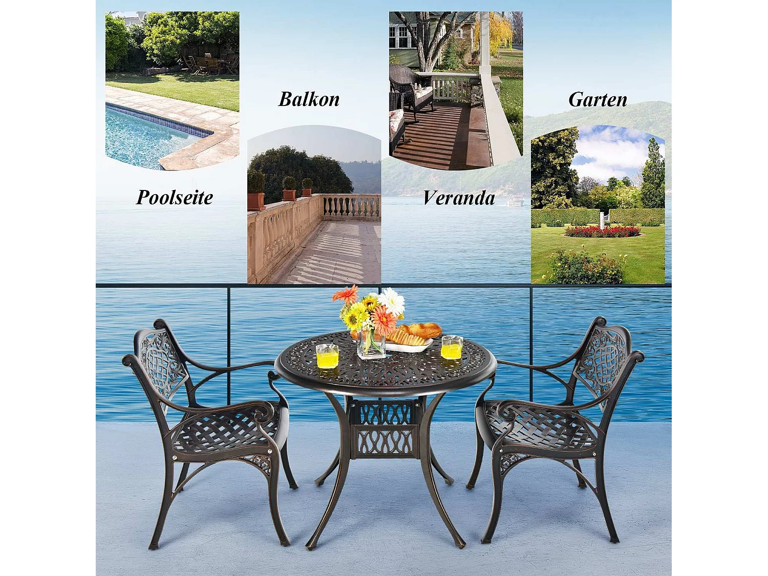 Terrassebord – 90 cm rund aluminium med parasollhull – utendørsmodell