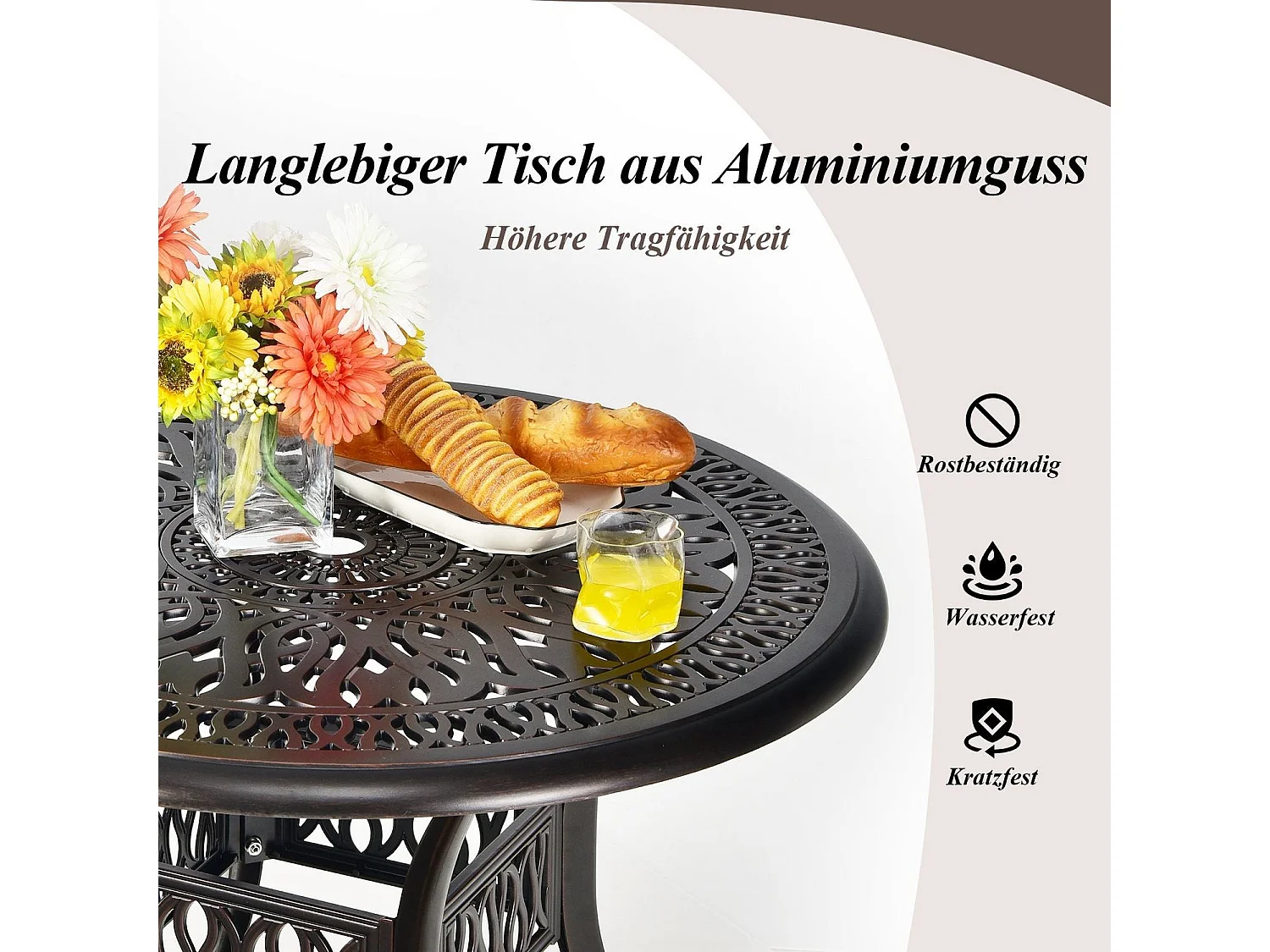 Terrassebord – 90 cm rund aluminium med parasollhull – utendørsmodell